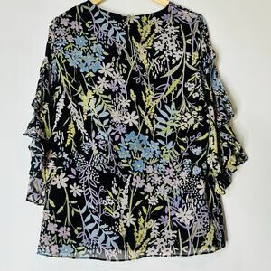 Calvin Klein Multicolor Floral Ruffle Sleeve Blouse Size L V‑Neck Lined